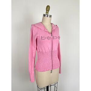 Vintage Y2K Bebe Rhinestone Smocked Hoodie Sweatshirt Small‎ Stretchy Bling